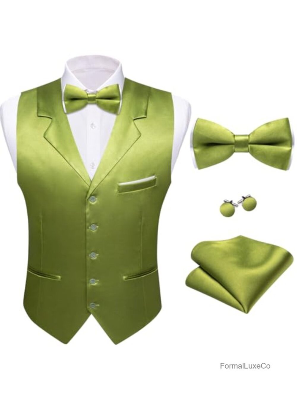 Mens Formal Suit Vest Set Lapel Collar Sleeveless Button Down 5 Piece Bow Tie